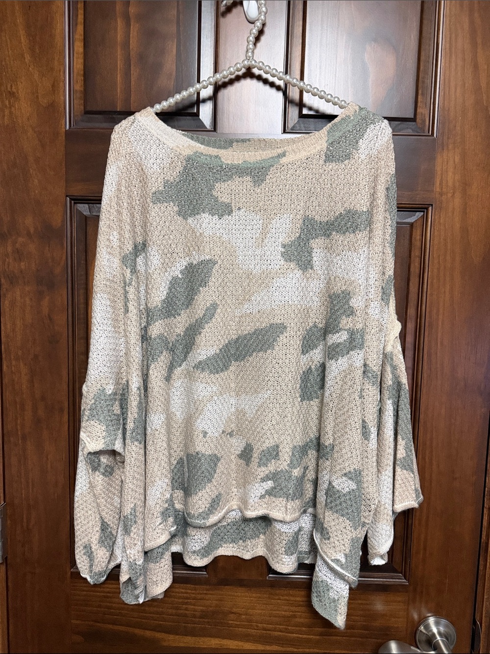 POL Beige & Sage Green Camo Knit Pullover